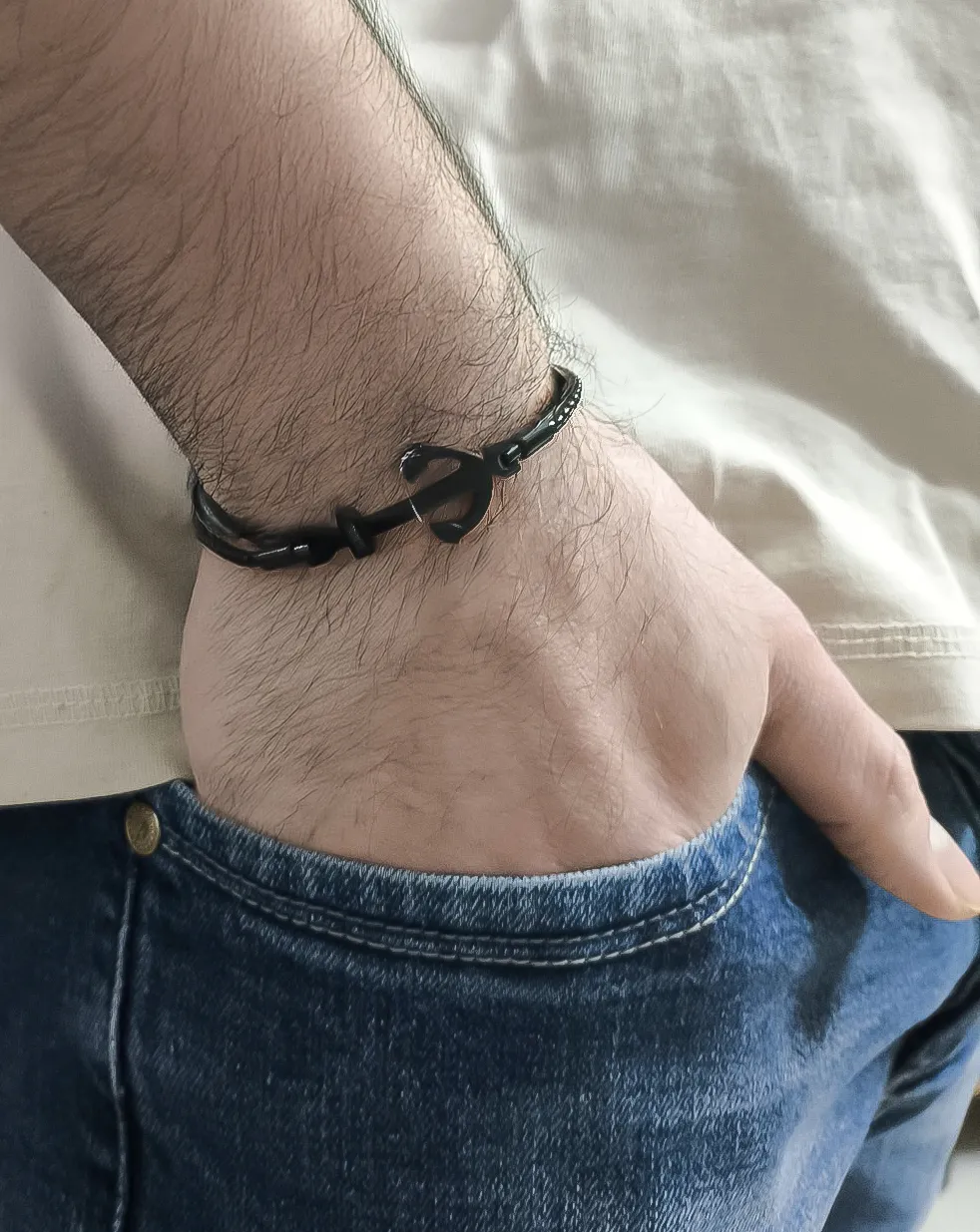 Ανδρικό βραχιόλι με άγκυρα, ζιργκόν, μαύρο ρόδιο & ανοξείδωτο ατσάλι, 21+2 εκατοστά ,TRIBUTE, 0230426201